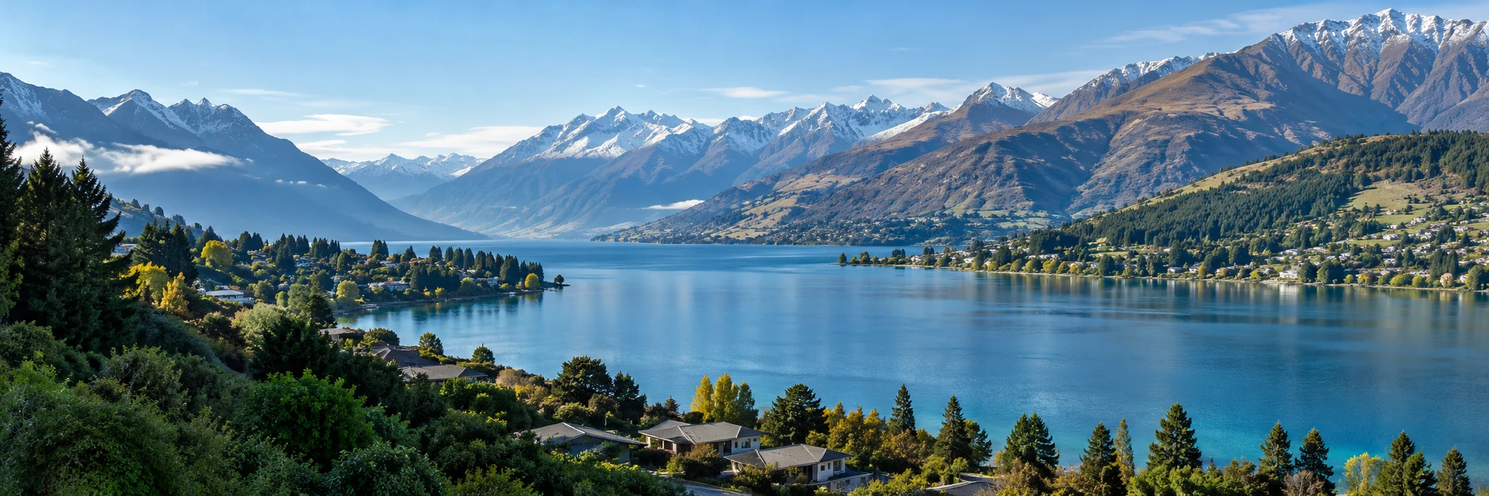 Illustrative alpine lake, mountains and lakeside homes